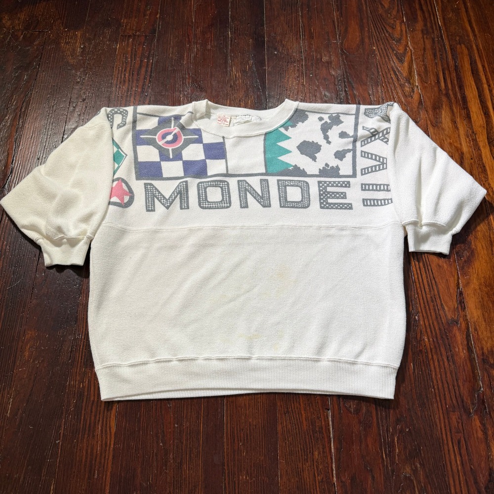 Vintage 80s Monde Scene From Atlas Sweatshirt Women M White Short Sleeve